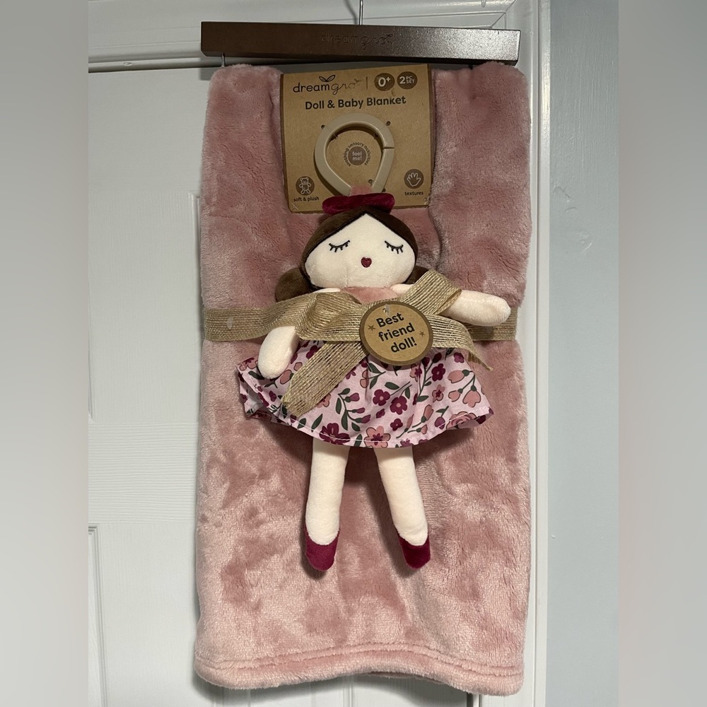 Plush Doll & Baby Blanket - Pink Floral Doll with Soft Pink Throw